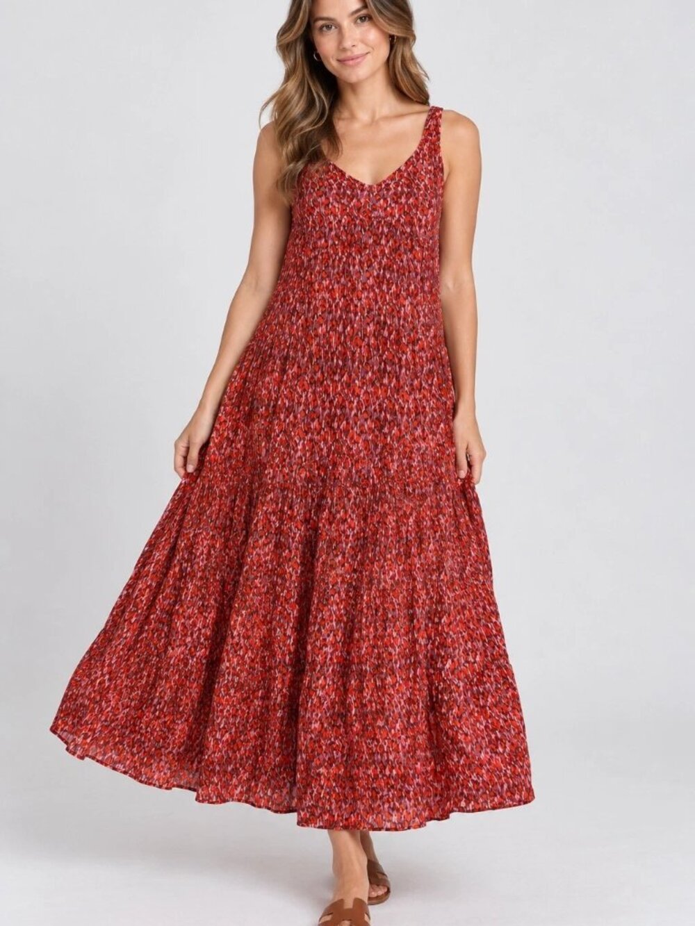 Joie Tiered Floral Print Maxi Dress Pink Red L Large